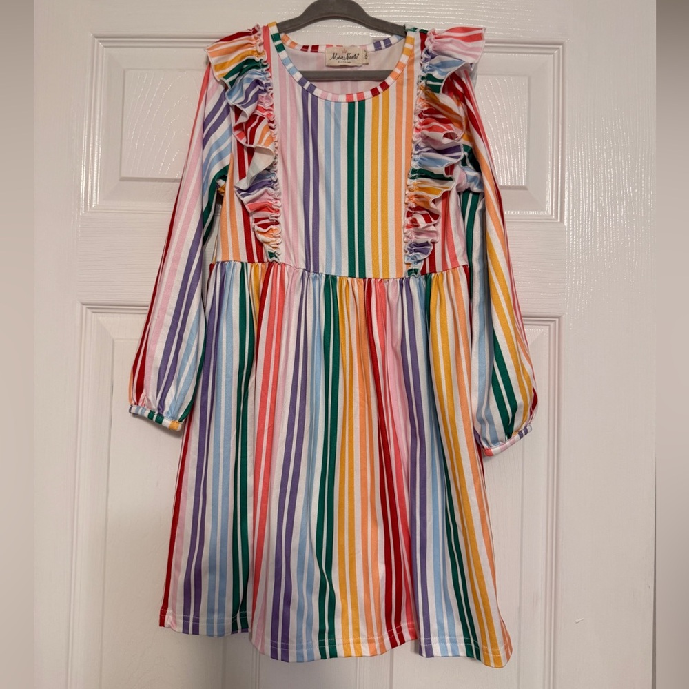 Marie Nicole Rainbow Stripe Ruffle Dress